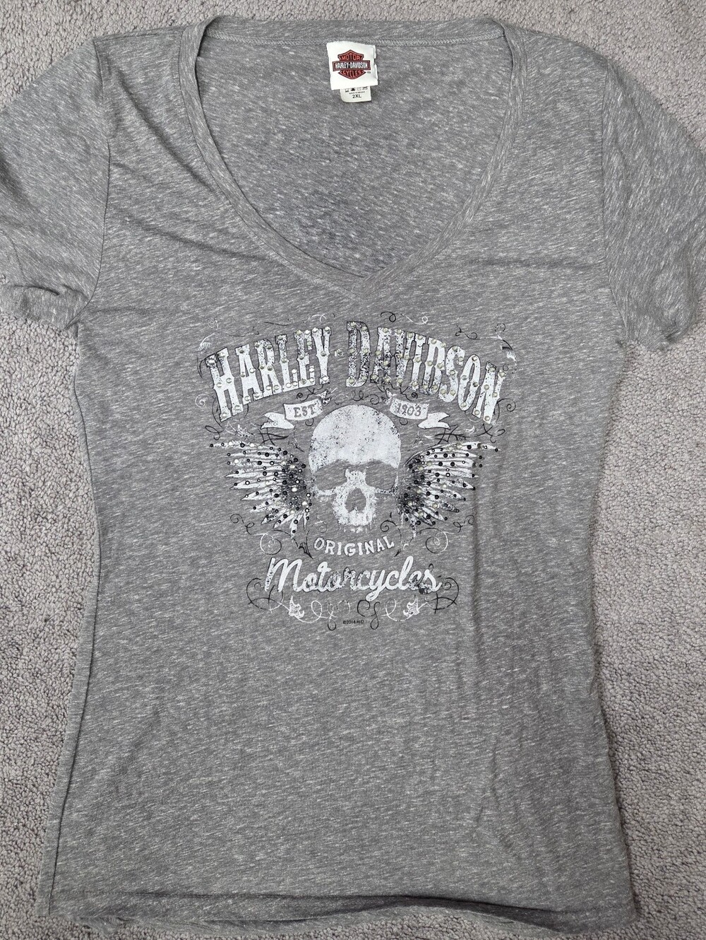 Harley-Davidson Womens Gray V-Neck T-Shirt Skull Wings Mischler's WI 2XL